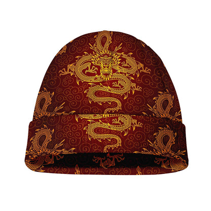 Gold Chinese Dragon Pattern Print Beanie