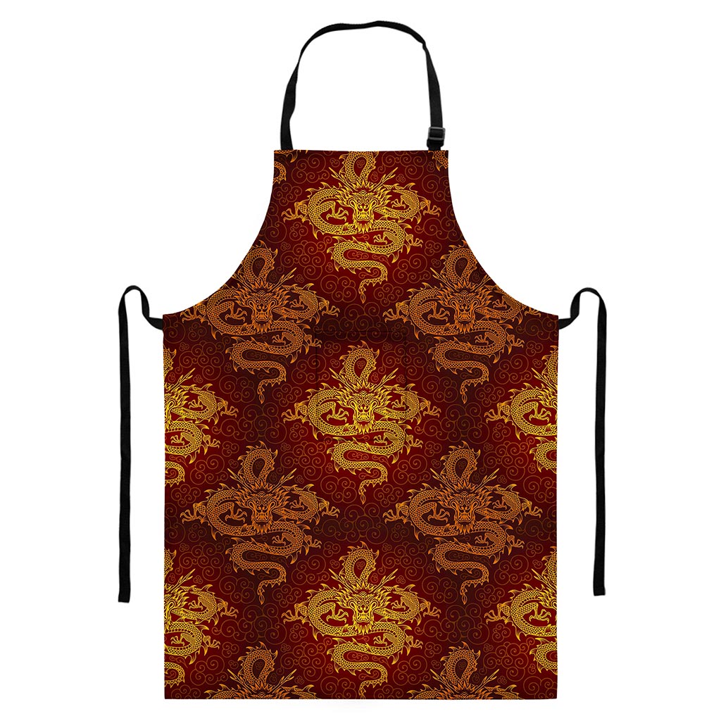 Gold Chinese Dragon Pattern Print Bib Apron With Pocket