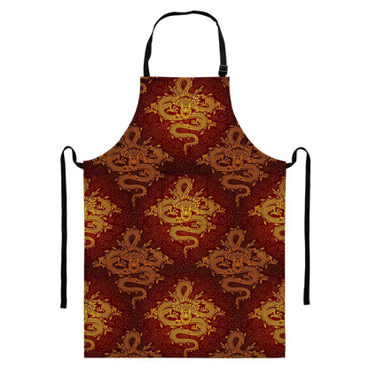 Gold Chinese Dragon Pattern Print Bib Apron With Pocket