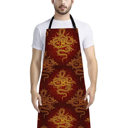 Gold Chinese Dragon Pattern Print Bib Apron With Pocket