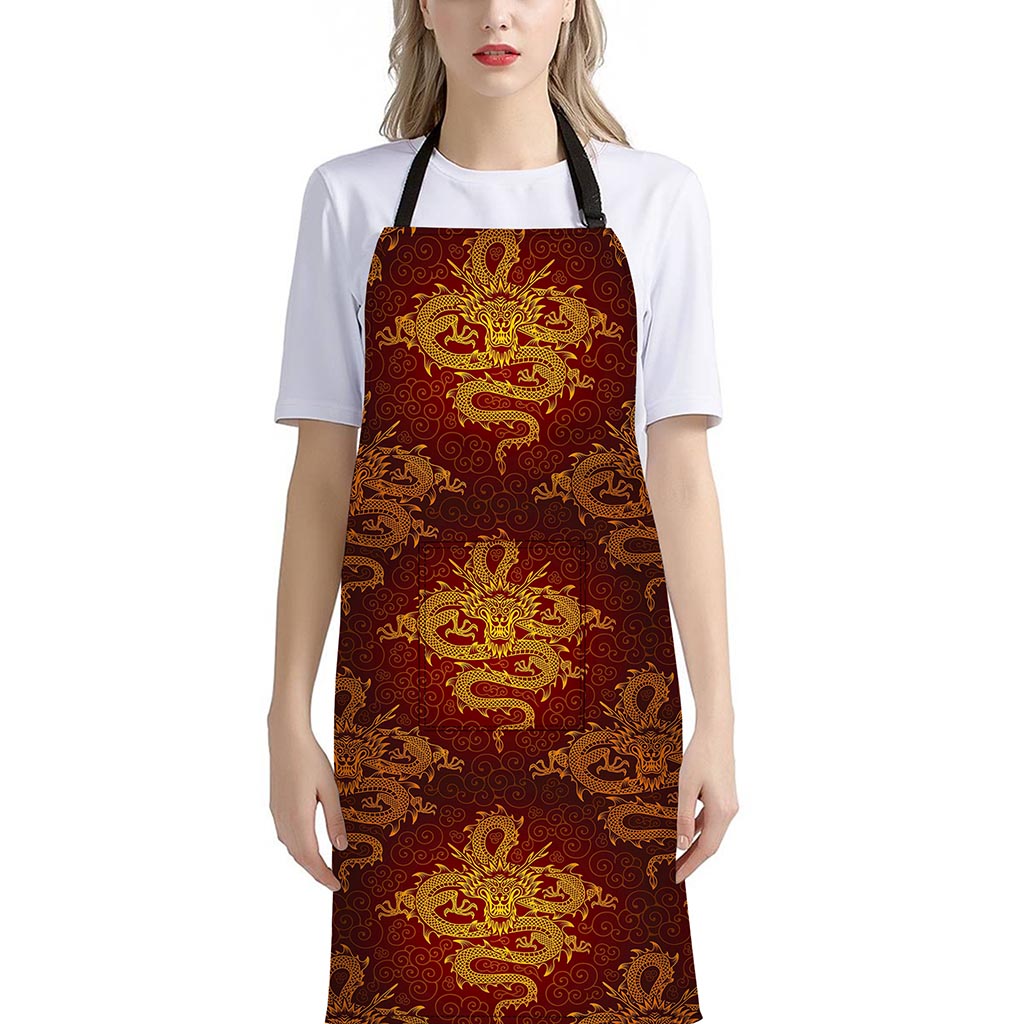 Gold Chinese Dragon Pattern Print Bib Apron With Pocket