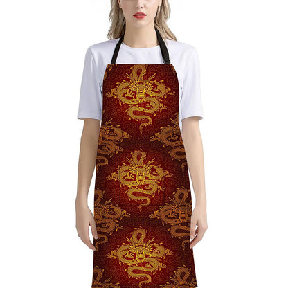 Gold Chinese Dragon Pattern Print Bib Apron With Pocket