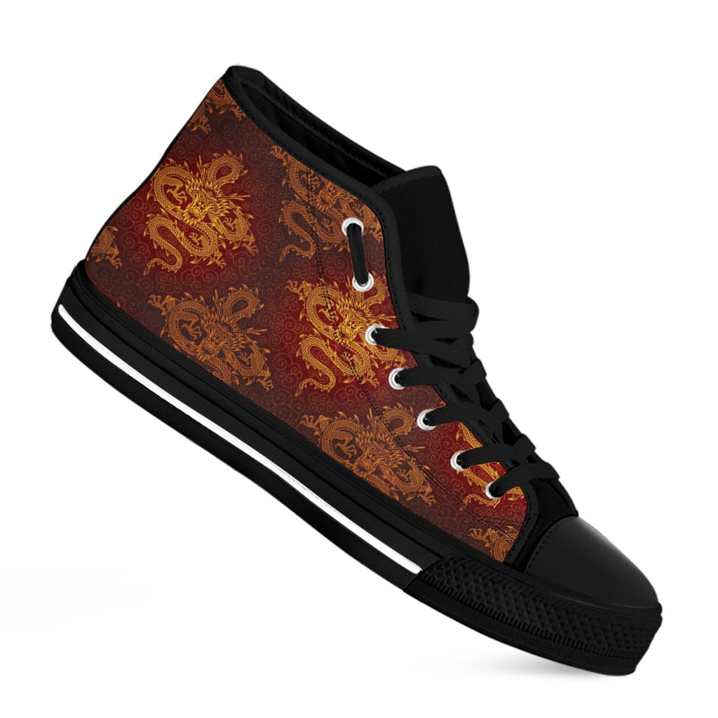 Gold Chinese Dragon Pattern Print Black High Top Sneakers