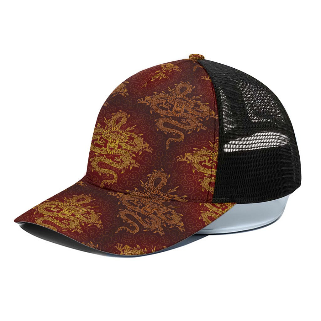 Gold Chinese Dragon Pattern Print Black Mesh Trucker Cap