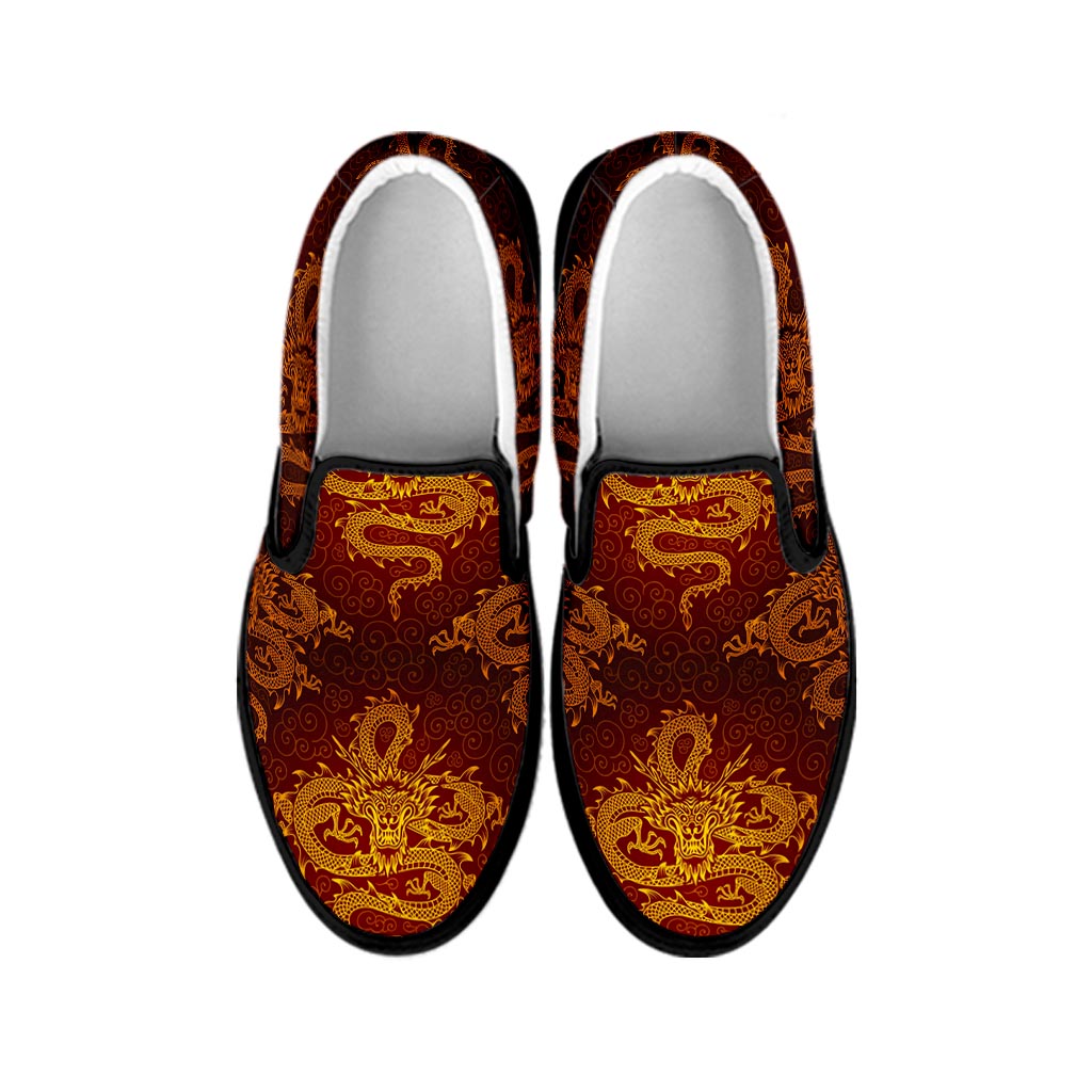 Gold Chinese Dragon Pattern Print Black Slip On Sneakers