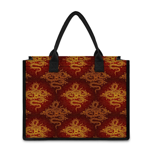 Gold Chinese Dragon Pattern Print Canvas Tote Bag