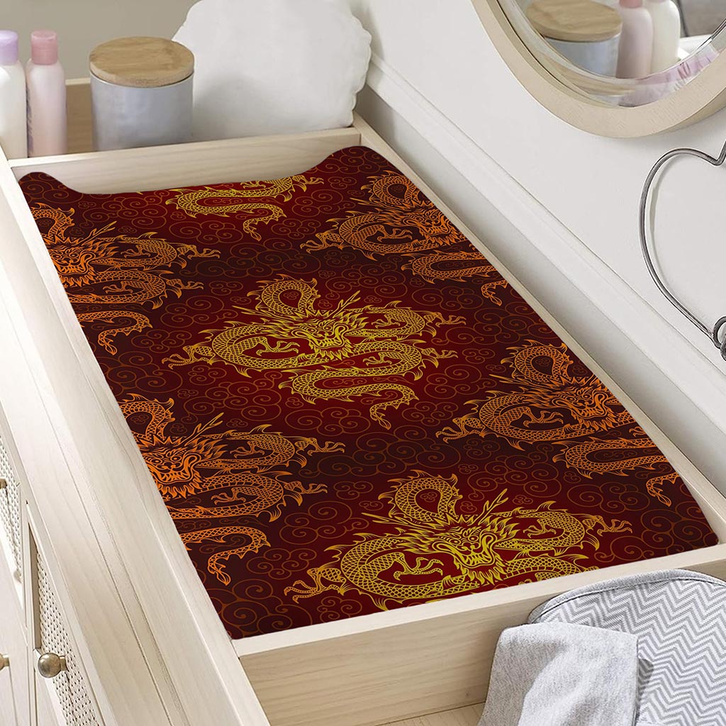 Gold Chinese Dragon Pattern Print Changing Pad Cover