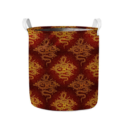 Gold Chinese Dragon Pattern Print Collapsible Laundry Basket