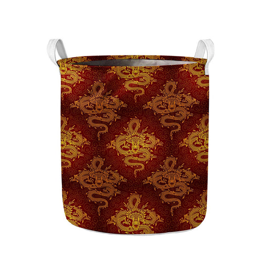 Gold Chinese Dragon Pattern Print Collapsible Laundry Basket