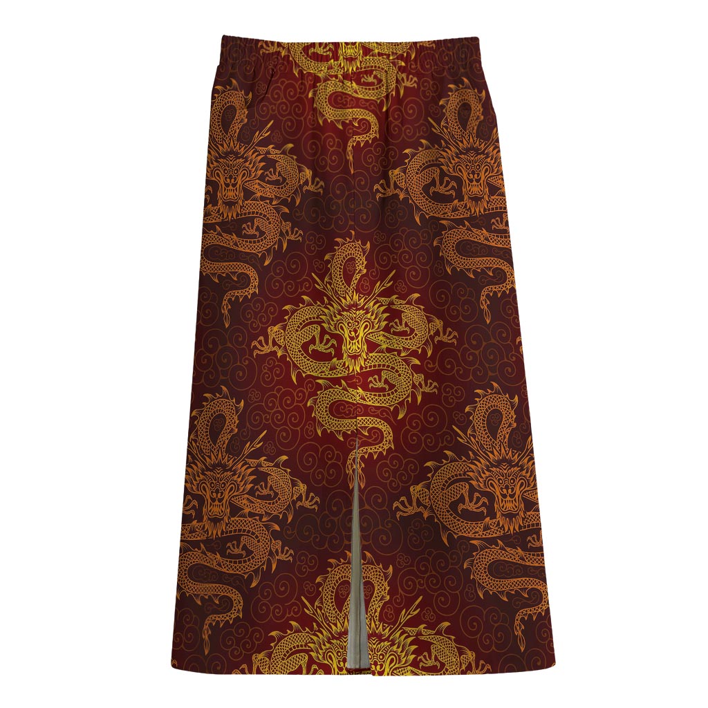 Gold Chinese Dragon Pattern Print Cotton Front Slit Maxi Skirt