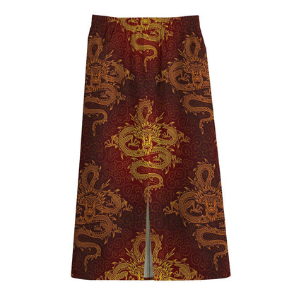 Gold Chinese Dragon Pattern Print Cotton Front Slit Maxi Skirt