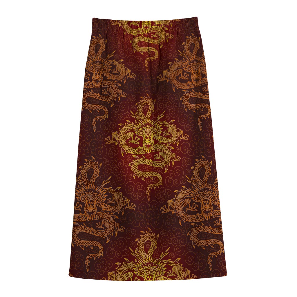 Gold Chinese Dragon Pattern Print Cotton Front Slit Maxi Skirt