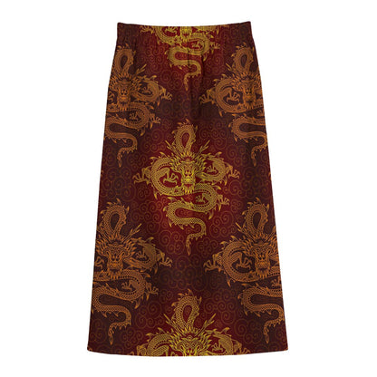Gold Chinese Dragon Pattern Print Cotton Front Slit Maxi Skirt