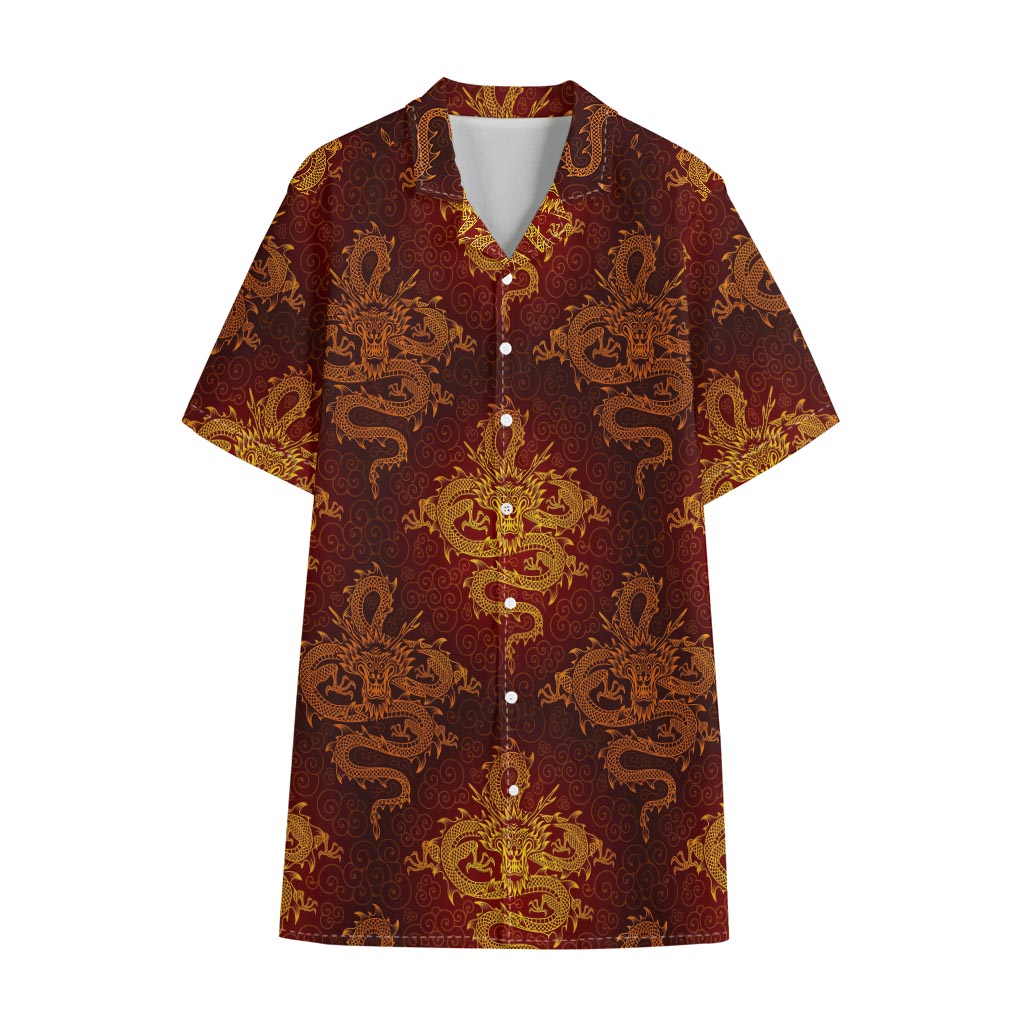 Gold Chinese Dragon Pattern Print Cotton Hawaiian Shirt