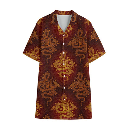 Gold Chinese Dragon Pattern Print Cotton Hawaiian Shirt