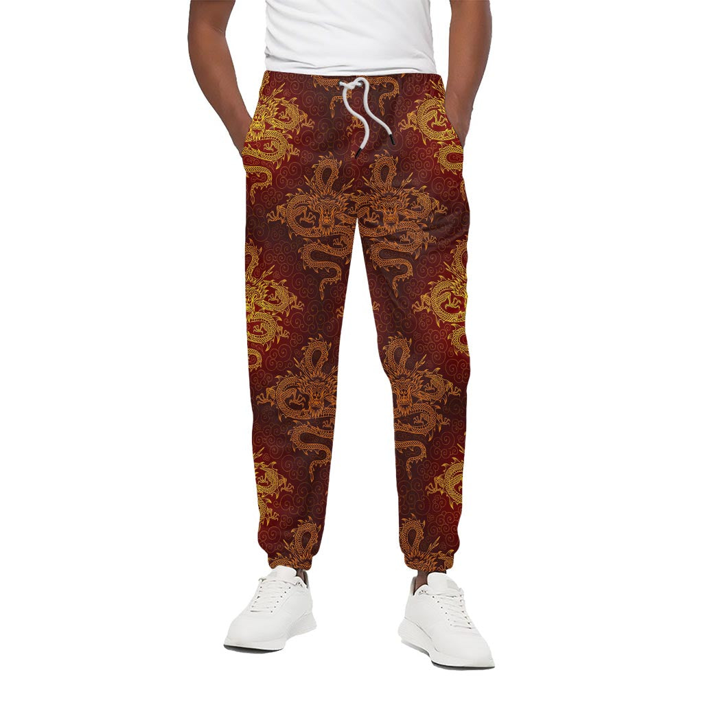 Gold Chinese Dragon Pattern Print Cotton Pants