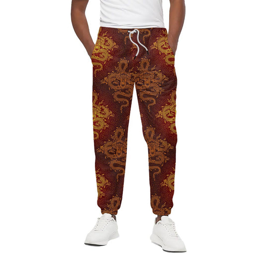 Gold Chinese Dragon Pattern Print Cotton Pants