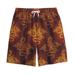 Gold Chinese Dragon Pattern Print Cotton Shorts