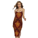 Gold Chinese Dragon Pattern Print Cross Back Cami Dress