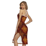 Gold Chinese Dragon Pattern Print Cross Back Cami Dress