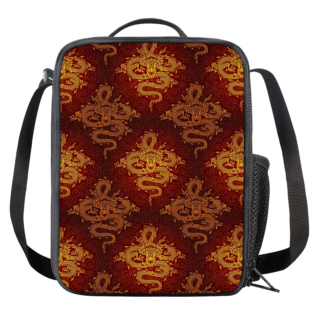 Gold Chinese Dragon Pattern Print Crossbody Lunch Bag