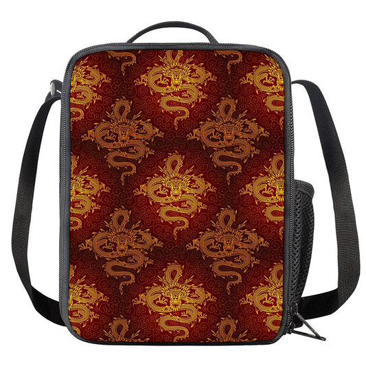 Gold Chinese Dragon Pattern Print Crossbody Lunch Bag