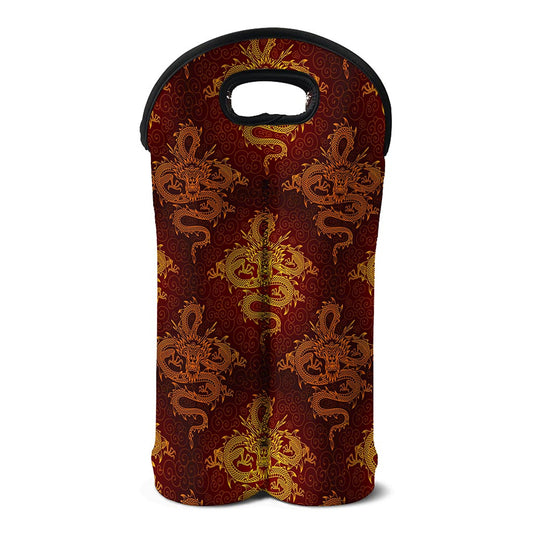 Gold Chinese Dragon Pattern Print Double Neoprene Wine Tote
