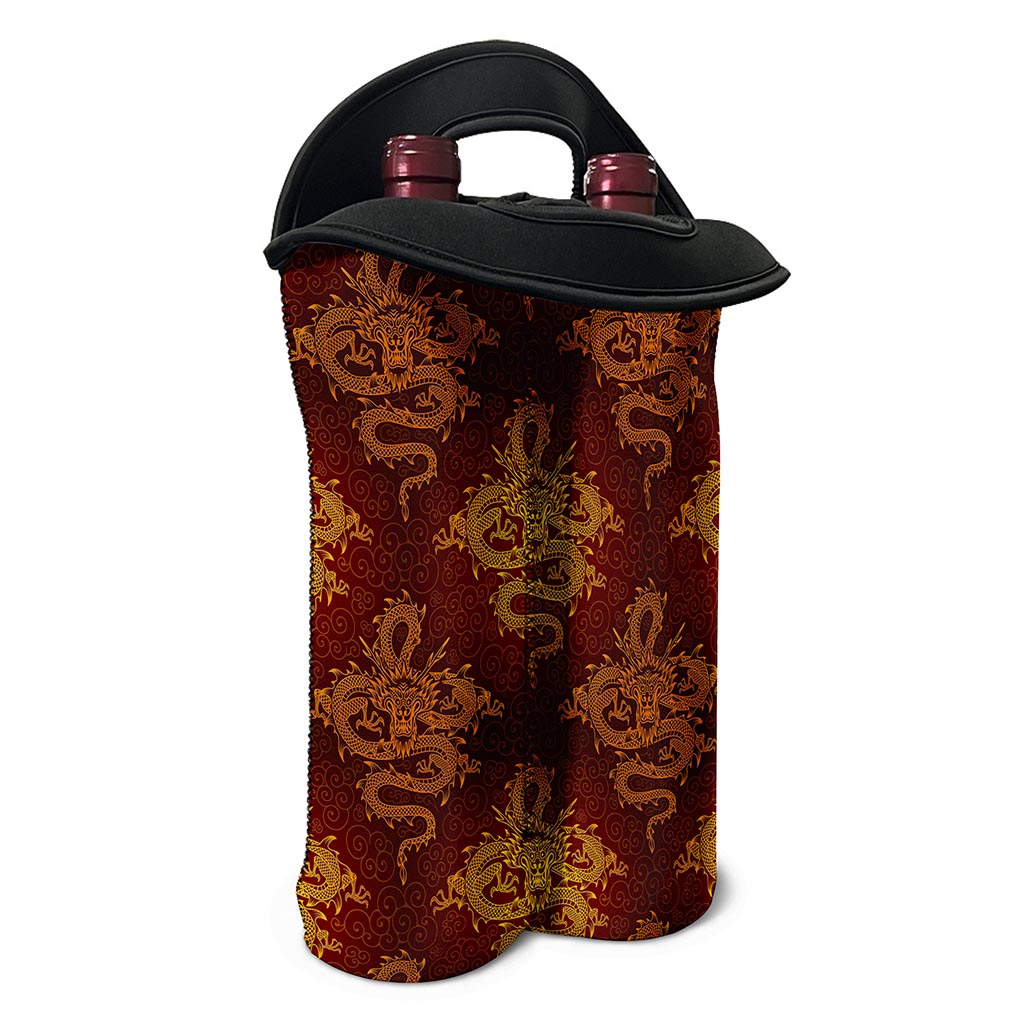 Gold Chinese Dragon Pattern Print Double Neoprene Wine Tote