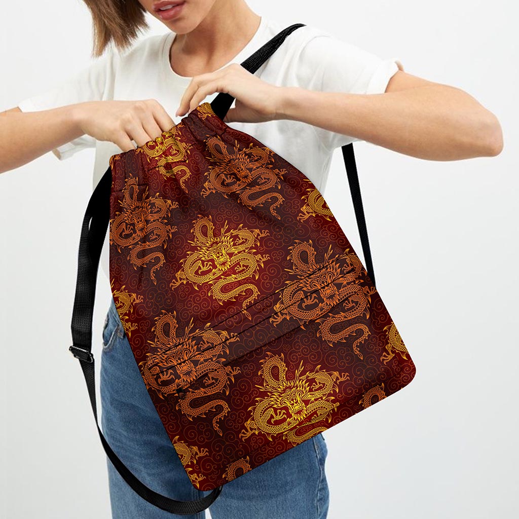 Gold Chinese Dragon Pattern Print Drawstring Backpack