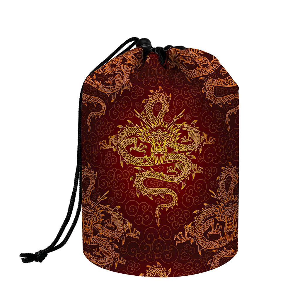 Gold Chinese Dragon Pattern Print Drawstring Makeup Bag