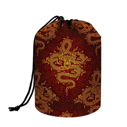 Gold Chinese Dragon Pattern Print Drawstring Makeup Bag