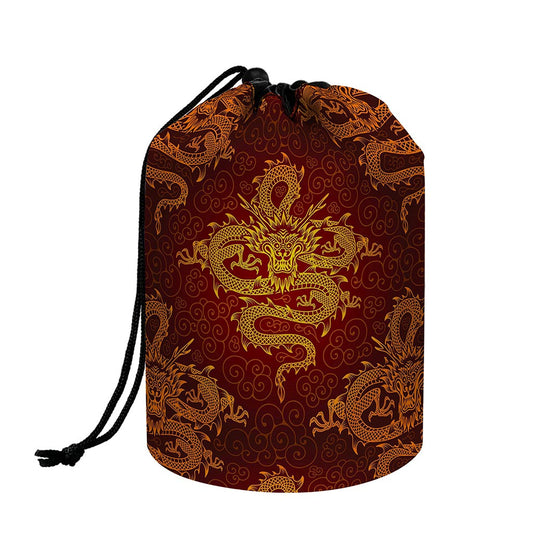 Gold Chinese Dragon Pattern Print Drawstring Makeup Bag