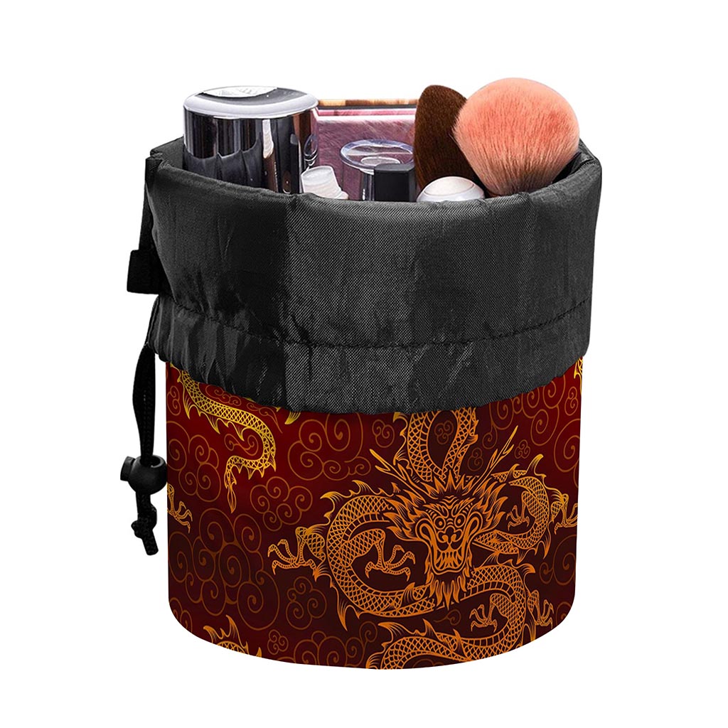Gold Chinese Dragon Pattern Print Drawstring Makeup Bag