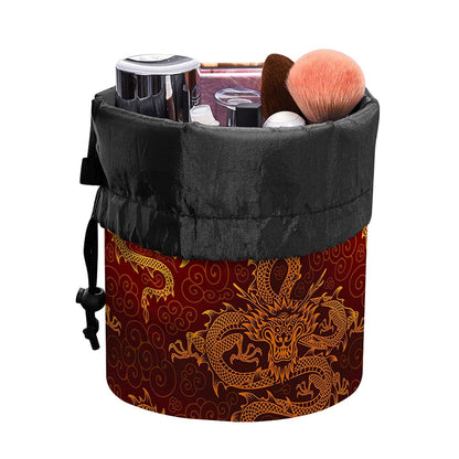 Gold Chinese Dragon Pattern Print Drawstring Makeup Bag