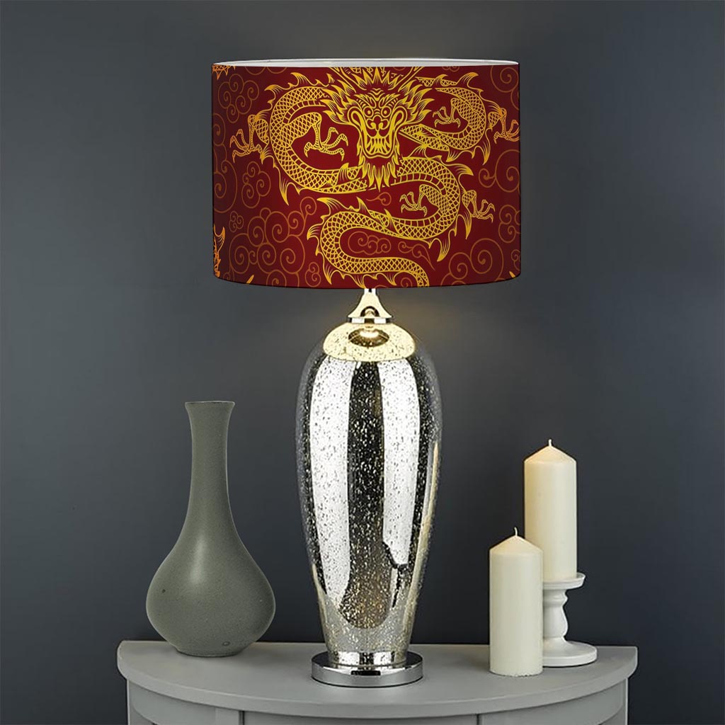 Gold Chinese Dragon Pattern Print Drum Lamp Shade
