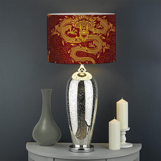 Gold Chinese Dragon Pattern Print Drum Lamp Shade