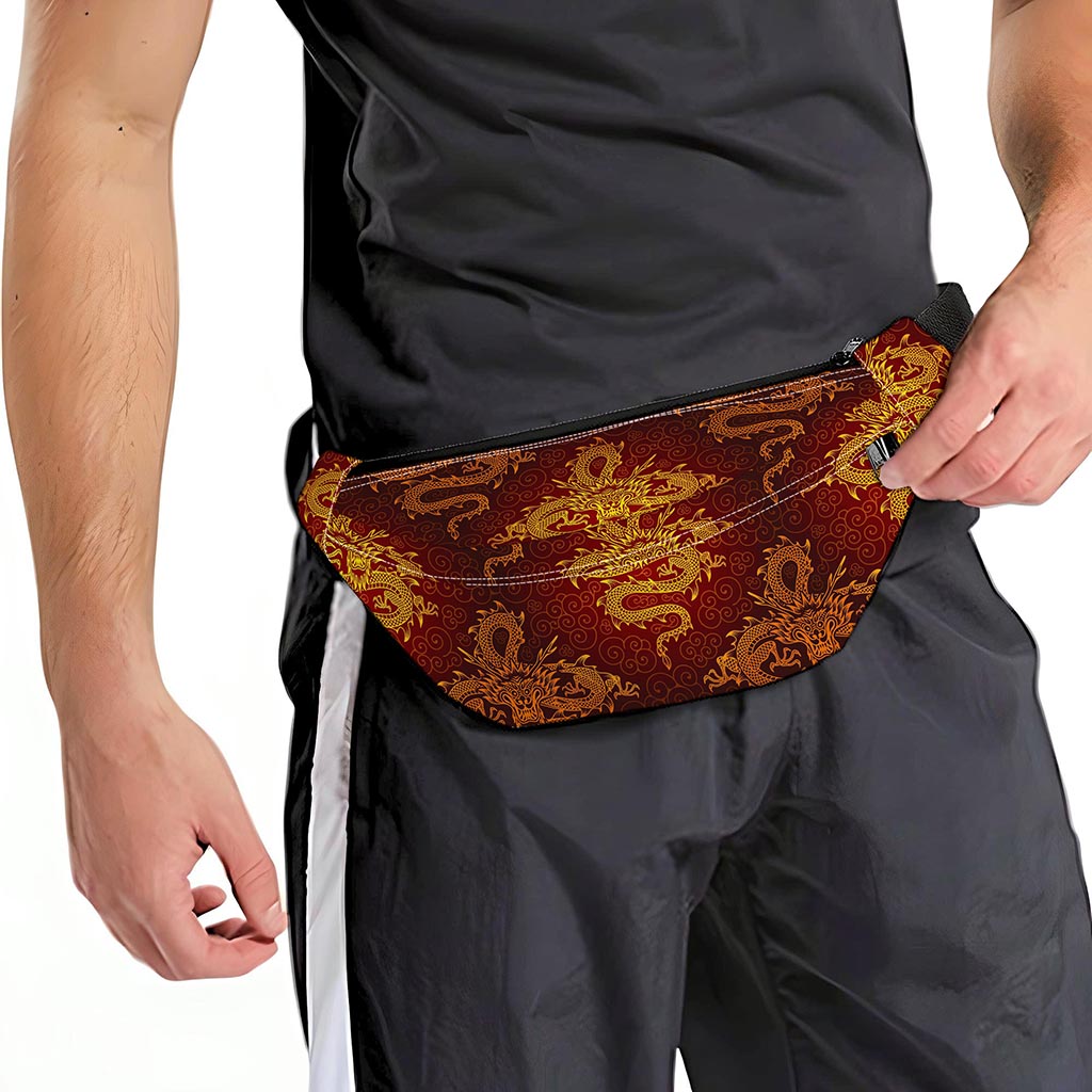 Gold Chinese Dragon Pattern Print Fanny Pack