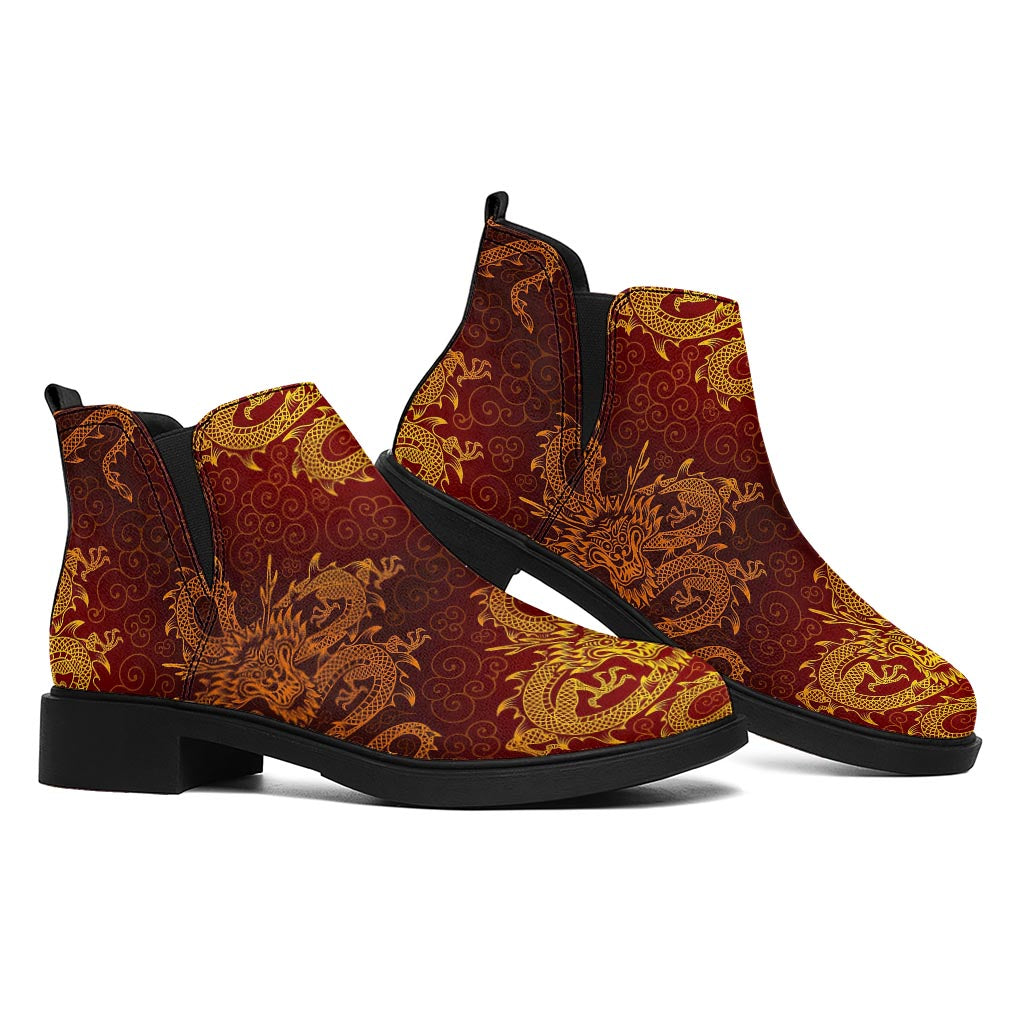 Gold Chinese Dragon Pattern Print Flat Ankle Boots