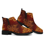 Gold Chinese Dragon Pattern Print Flat Ankle Boots