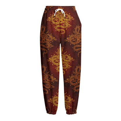 Gold Chinese Dragon Pattern Print Fleece Lined Knit Pants