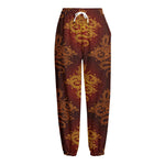 Gold Chinese Dragon Pattern Print Fleece Lined Knit Pants
