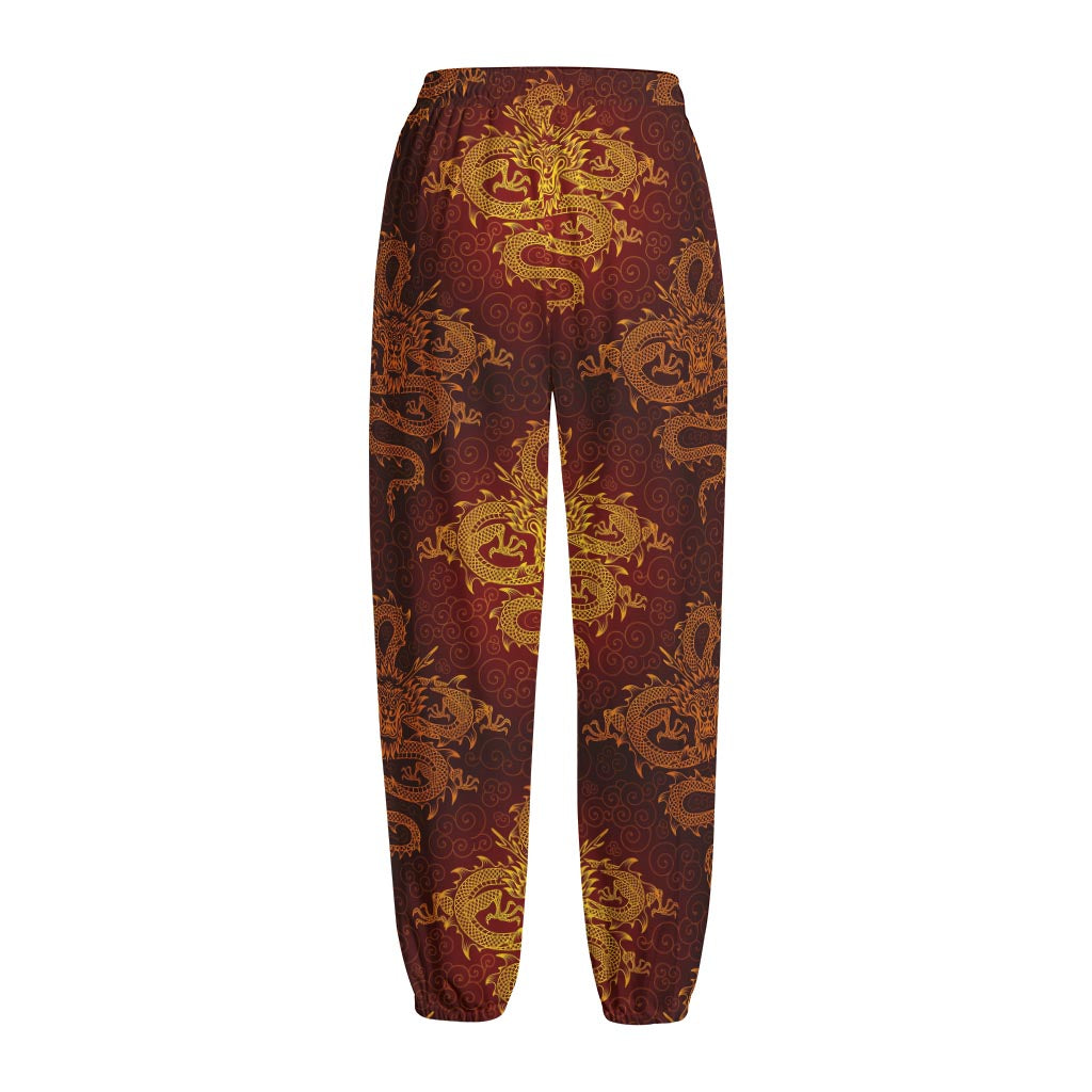 Gold Chinese Dragon Pattern Print Fleece Lined Knit Pants