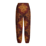 Gold Chinese Dragon Pattern Print Fleece Lined Knit Pants