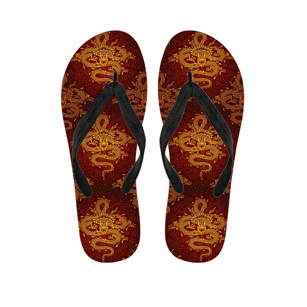 Gold Chinese Dragon Pattern Print Flip Flops