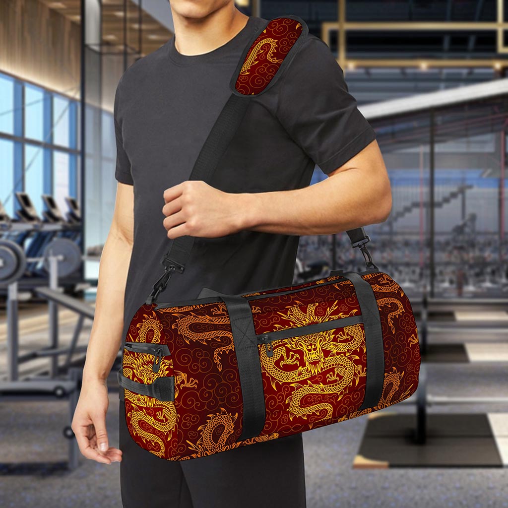 Gold Chinese Dragon Pattern Print Gym Bag