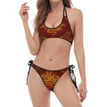 Gold Chinese Dragon Pattern Print Halter Scoop Tie Side Bikini