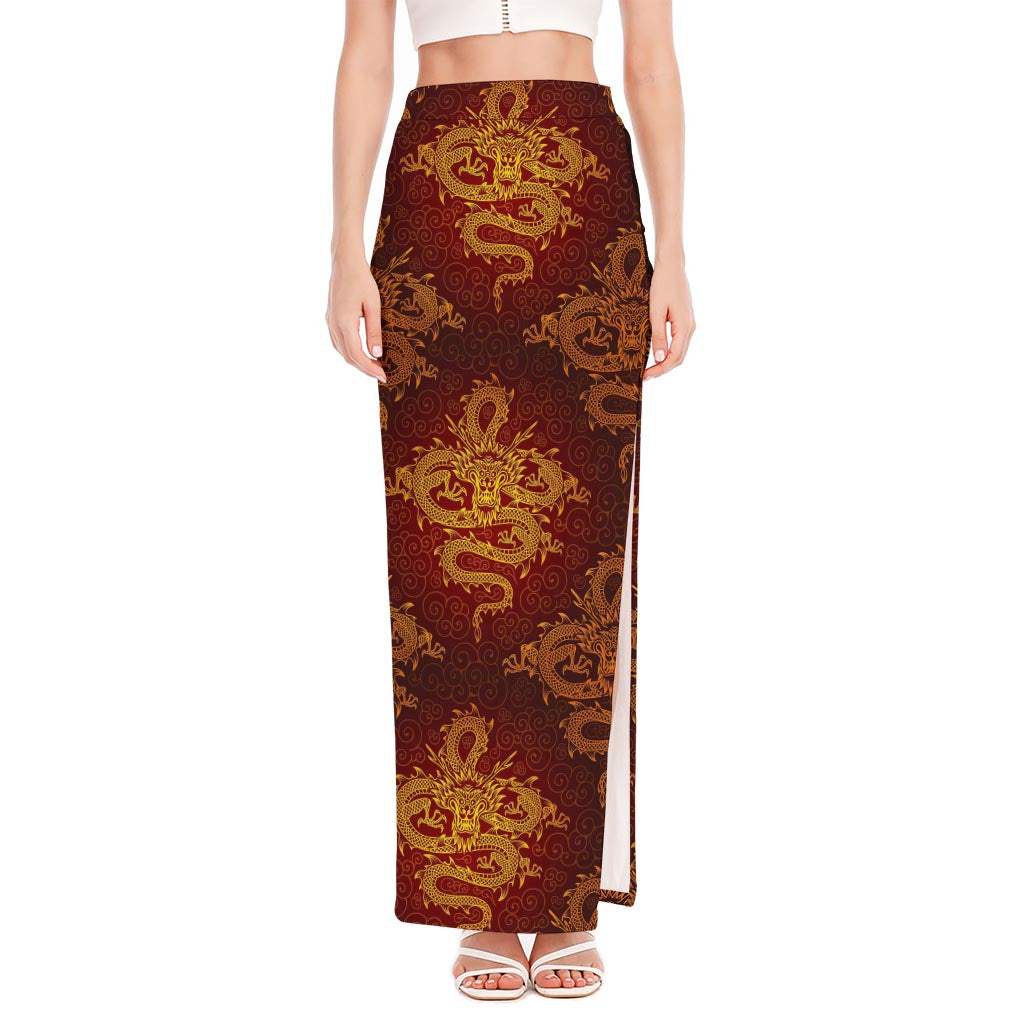 Gold Chinese Dragon Pattern Print High Slit Maxi Skirt