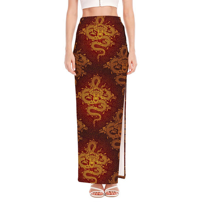 Gold Chinese Dragon Pattern Print High Slit Maxi Skirt