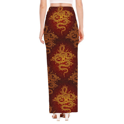 Gold Chinese Dragon Pattern Print High Slit Maxi Skirt