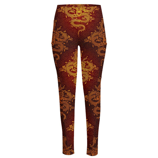 Gold Chinese Dragon Pattern Print High-Waisted Pocket Leggings